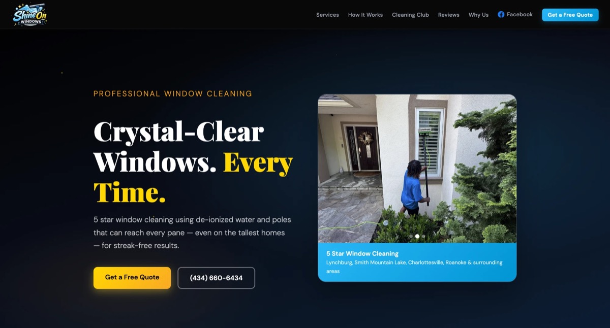 The Shine On Windows website homepage on a desktop browser — headline reads Crystal-Clear Windows. Every Time.