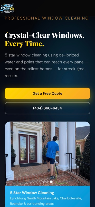 The Shine On Windows website on a phone, with a Get a Free Quote button front and center